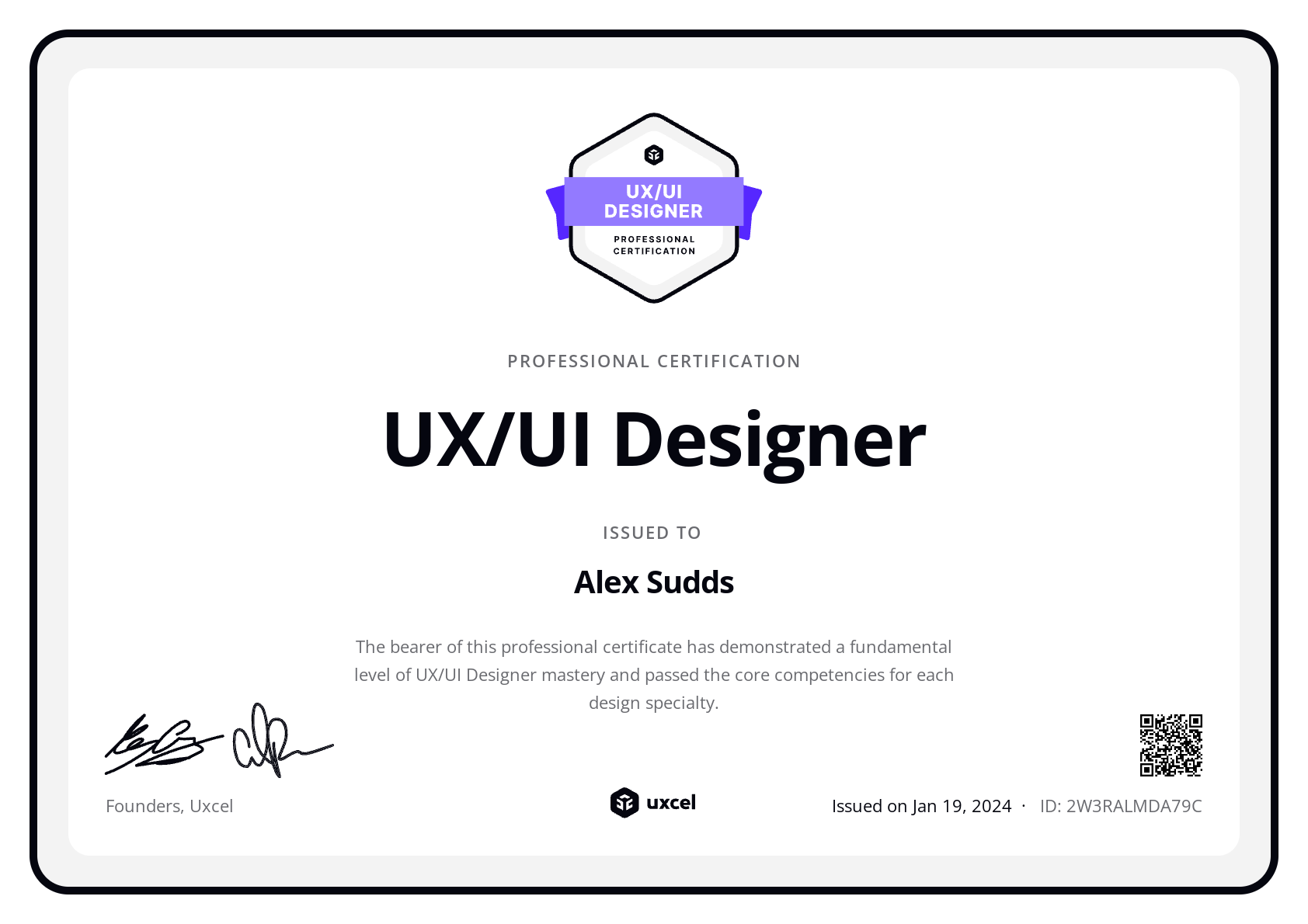 Alex Sudds's certificate